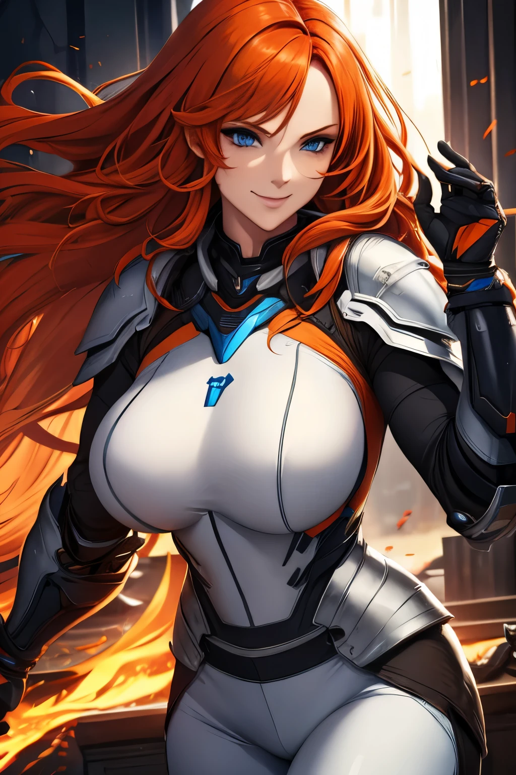 Woman , long orange hair, ginger hair, blue eyes, smiling, White mech armor, black pants