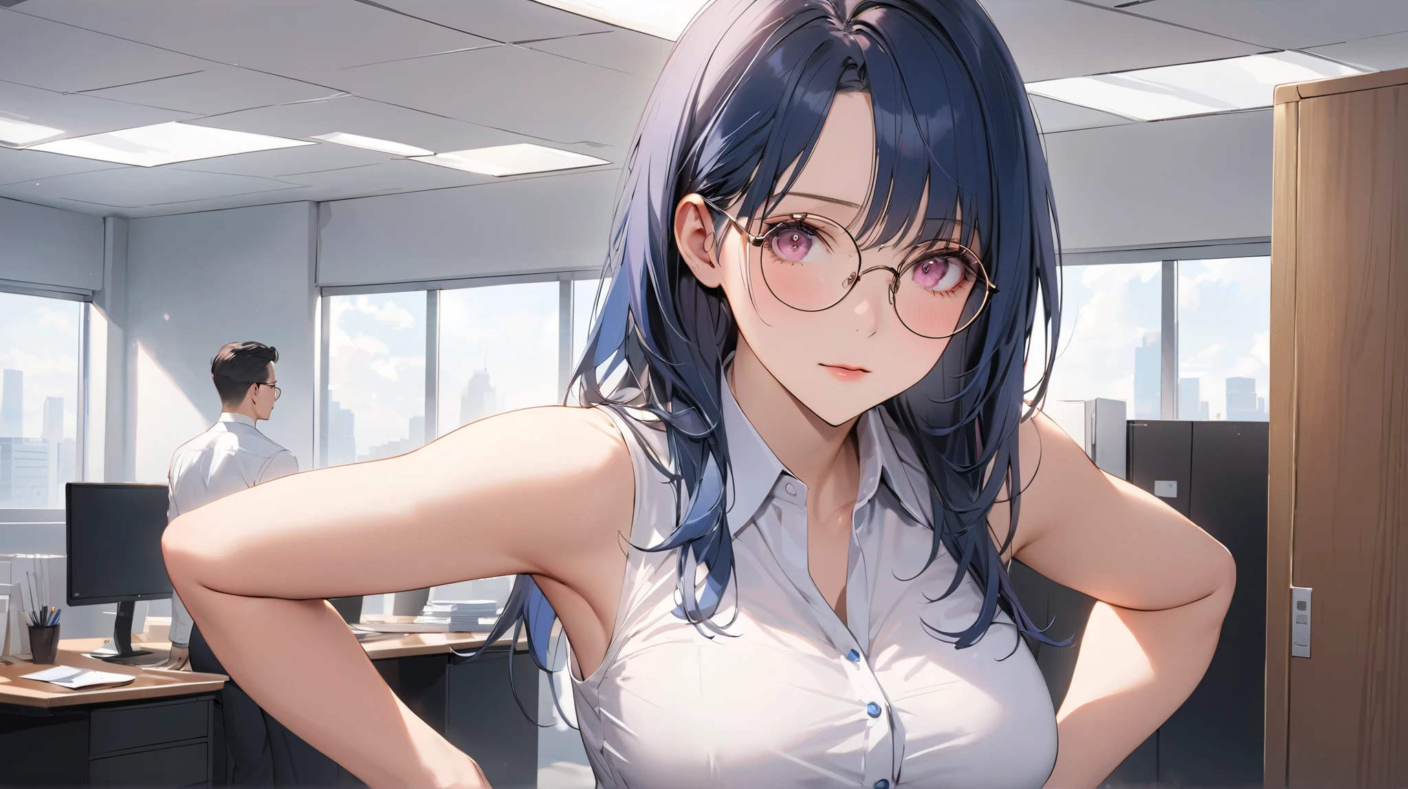 score_9, score_8_up, score_7_up, source_anime,flat colors, flat illustration, lineart, highly detailed, ultra detailed,
girl, skinny body, looking at viewer, deep blue eyes, tiny nose, with long bangs, smiling,
wearing secretary outfit, shirt with cleavage and bra, pencil-skirt, thights, secretary glasses indoor office background, desk, at night, closeup shot,
sitting pose