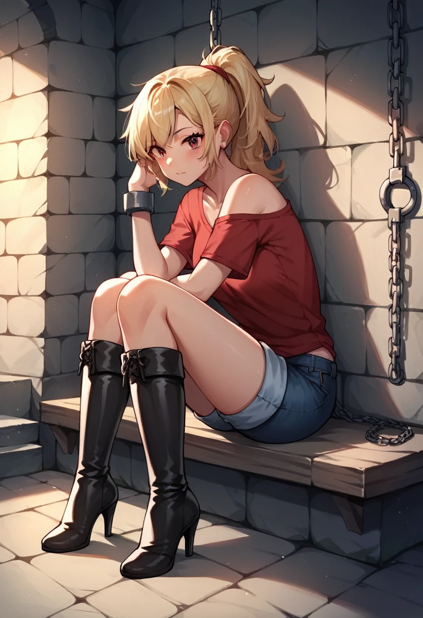 score_9, score_8_up, score_7_up, score_6_up, score_5_up, score_4_up, source_anime, 1girl,s, teenager, worth, blonde hair, ponytail, red eyes, w-w-chain,shackles,loose hair, red shirt, jeans shorts, sit, black thigh boots, heels ,evening, dungeon, best quality, best res, 4K UHD,
 