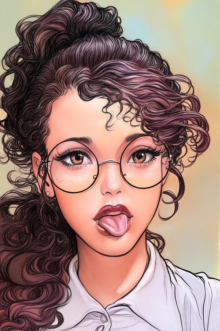 score_9, score_8_up, score_7_up, score_6_up, score_5_up, score_4_up. by Milo Manara, painterly, digital painting, highly detailed, 4k. BREAK 1girl, pretty girl, wavy purple hair, ponytail, round glasses, red lipstick, glossy lips, long eyelashes, tongue out, brown eyes, fashionable, cute, super realistic details, tension wrinkles, physically accurate, high attention to detail. accurate, high attention to detail. ray tracing, reflections, accurate lighting, great colors BREAK bedroom background, detailed and realistic background, realistic light, realistic shadows,