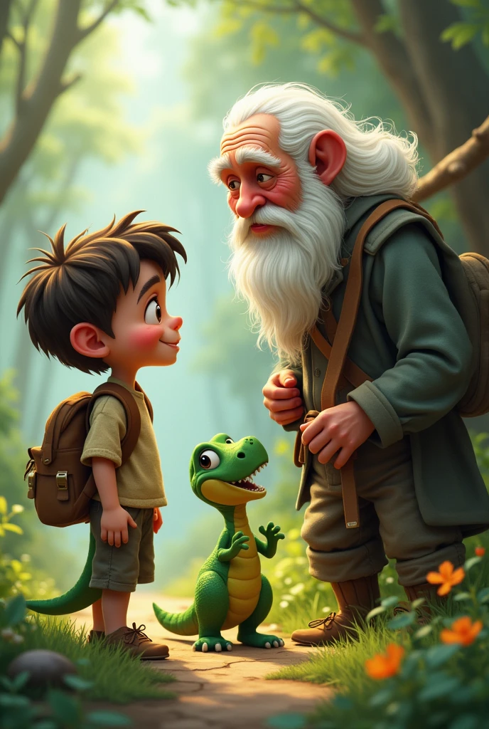 Create a disney style image pixar style artoon 3 D surealist The Discovery of the Enchanted Valley of the colorful chameleons In this chapter, we are introduced to a group of curious children named Sofia, Pedro and Lucas. They find an ancient map that takes them to the Enchanted Valley, a mysterious place where the kind and friendly magical chameleons live. Eager to find out more about these special creatures, the children set out on an exciting journey. Lake Flowers Nature Forest --auto
