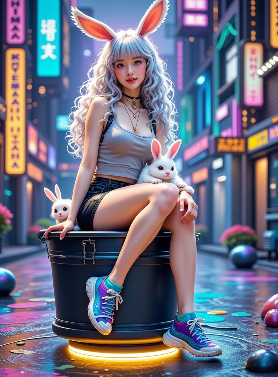  Ultra Realistic Photography， A long-haired woman sits on a tech charging bucket 。 Her hair is silvery white ，Curly and fluffy ， with bunny ears on her head 。 She's wearing a top 、 black shorts and blue shoes ， and a bow decoration on her shoes 。 A little white bunny on her lap ， and lies another little bunny on her shoulder。 The background is cyberpunk urban ， neon lights 