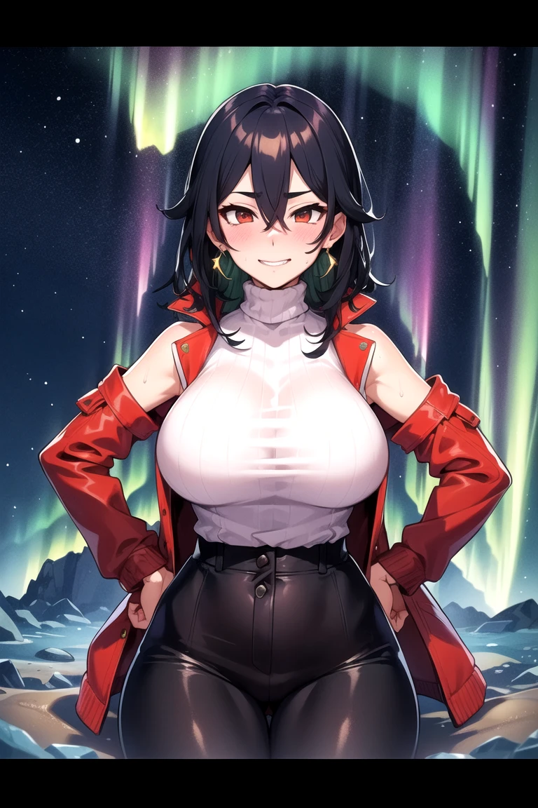 (masterpiece, best quality:1.2), extremely detailed, detailed hair, intricate details, finely detailed, [[soft lighting, volumetric lighting]], 1girl, (solo:1.2), looking at viewer, upper body, hands on hips , sitting , huge breasts, (shirt, long sleeves, pants, sweater, turtleneck, black pants, high-waist pants, multicolor outfit), , detached sleeves , (hair between eyes, flipped hair , , split-color hair ,black hair), smirk , sweat,, , blush, jacket earrings, (Aurora Borealis Stash,Belfry,Quicksand), 