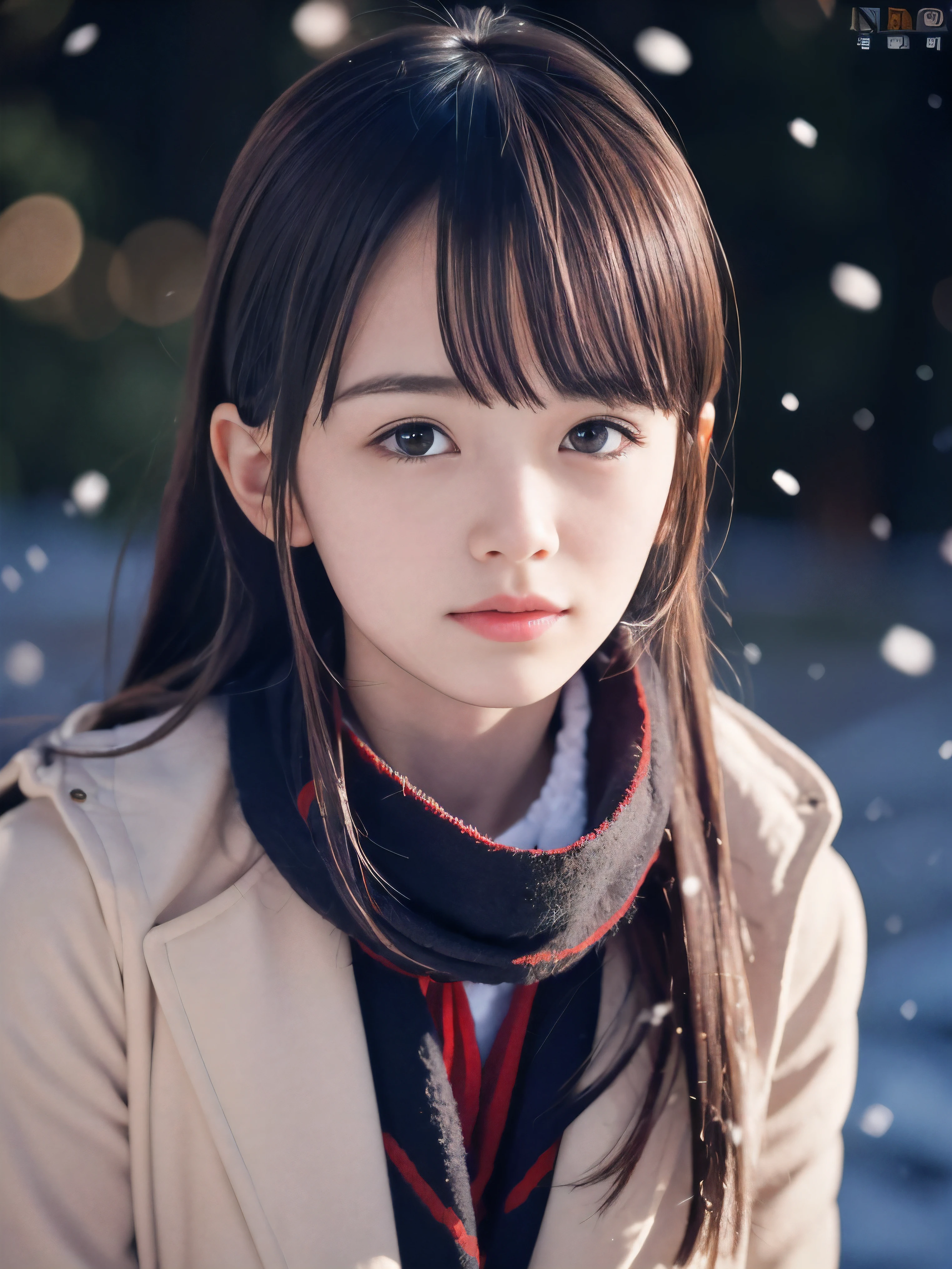 (Close-up face shot of one slender small breasts dark silver long hair with swept bangs girl in a winter long coat and  scarf:1.5)、(One girl is looking back with crying face:1.5)、(Very beautiful Christmas illumination night:1.5)、(Heavy snowing night:1.5)、(blurred background:1.5)、(Natural light:1.5)、(8k ultra detailed master piece:1.5)、(perfect anatomy:1.5)、(Photorealistic stick:1.5)、(Raw photo:1.3)、(highest quality:1.5)、(High resolution:1.3)、(Delicate and beautiful perfect face:1.3)、(Delicate and beautiful eye air skin:1.3)、(Real Human Skin:1.3)、((thin legs))