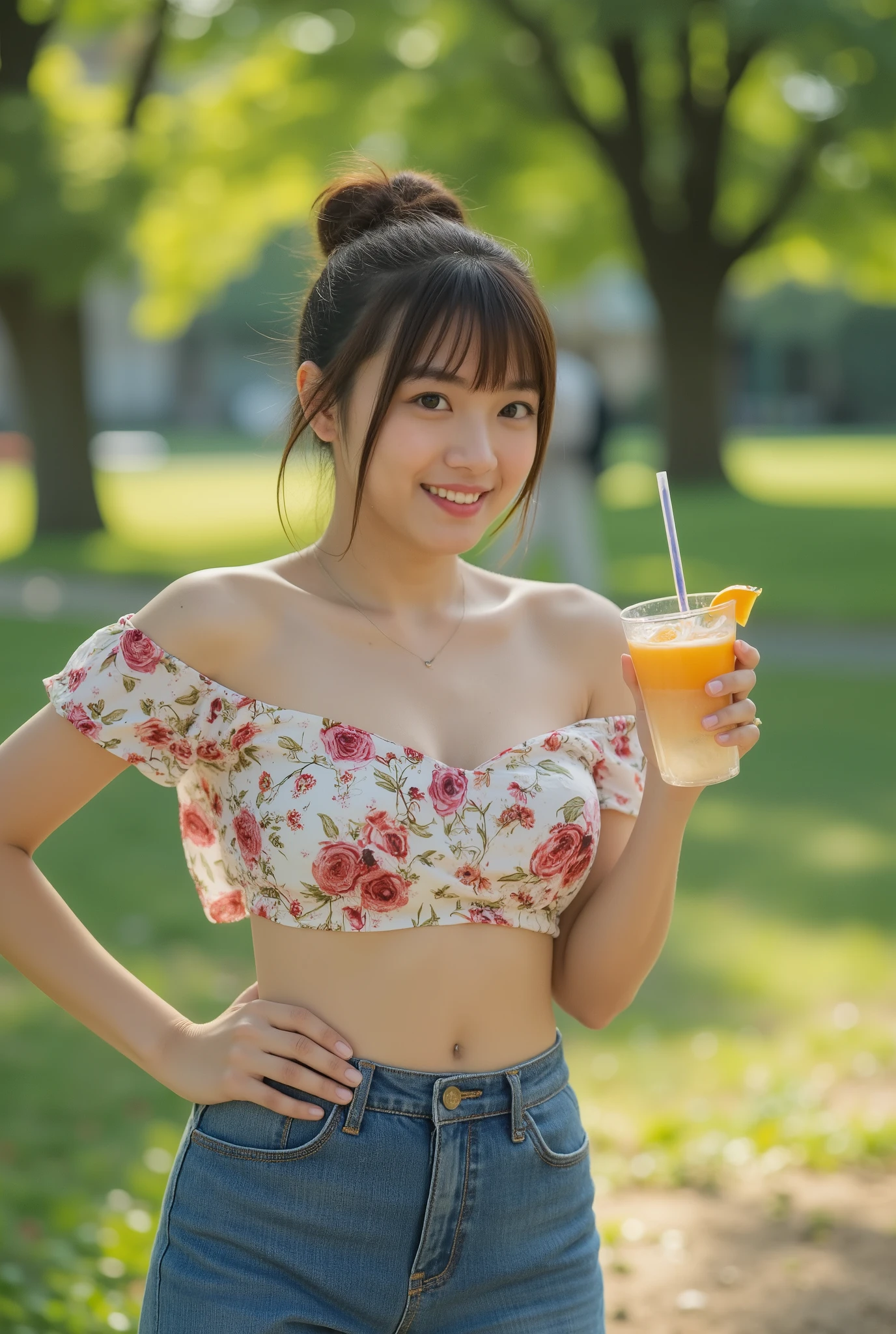 Thai woman, A trendy Asian girl in a chic off-shoulder crop top with floral patterns and low-waisted denim shorts. Her hair is styled in a messy bun. She stands confidently in a sunny park, holding a refreshing drink and smiling brightly. The lush greenery and sunny setting create a cheerful and inviting atmosphere. Detailed face, beautiful eyes, high resolution, photorealistic, natural lighting, vibrant colors, trendy fashion, sunny park backdrop, confident pose.