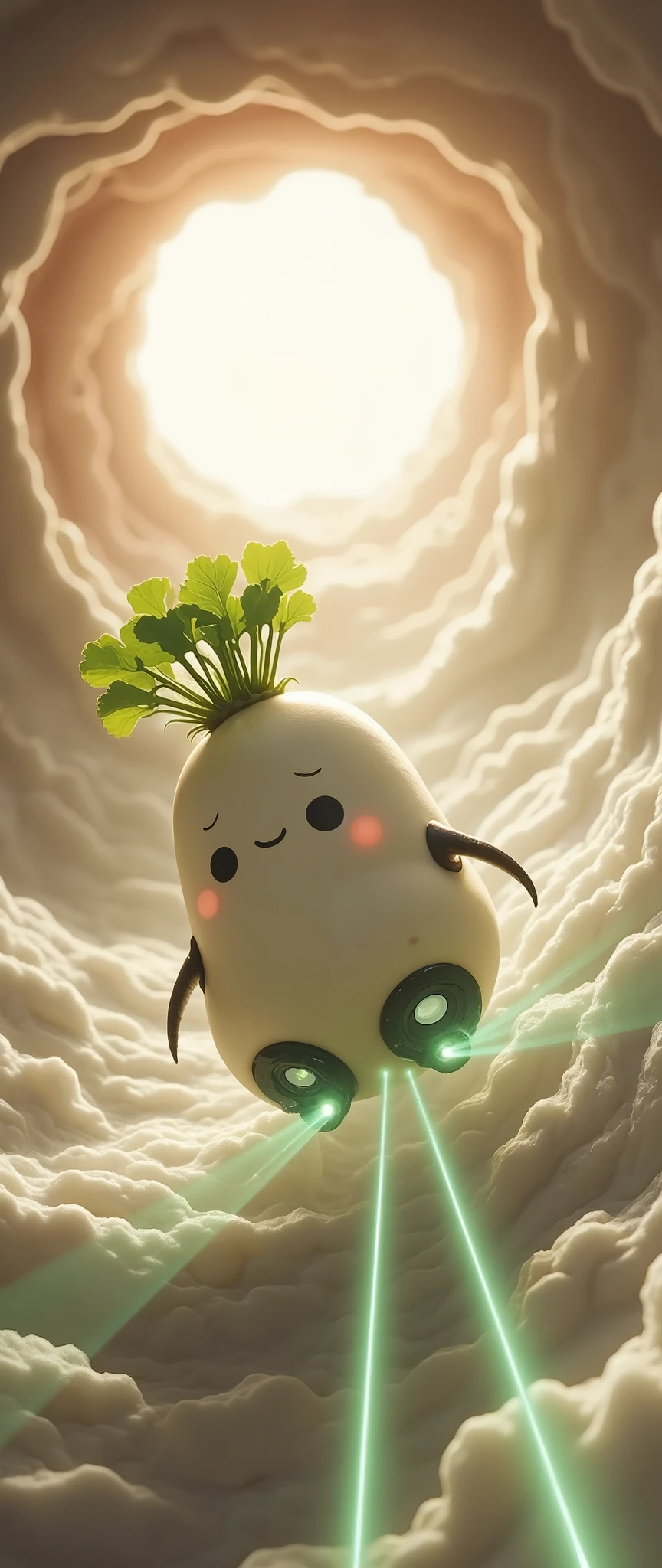 (masterpiece:1.2,Outstanding quality,Mirror finish, Cinematic Experience),8k,wallpaper,( Best Illustration:2.0),( a daikon-shaped spacecraft warps :2.0),(SF:2.0),(A spaceship reminiscent of a daikon :2.0),(dynamic),( beautiful light particles are emitted from the wave engine at the stern:2.0),( representing super speed of light with beautiful green and white light lines :2.0),( The background is a wormhole and subspace  :2.0),( motion blur),( vivid colors:2.0),( cute:2.0)