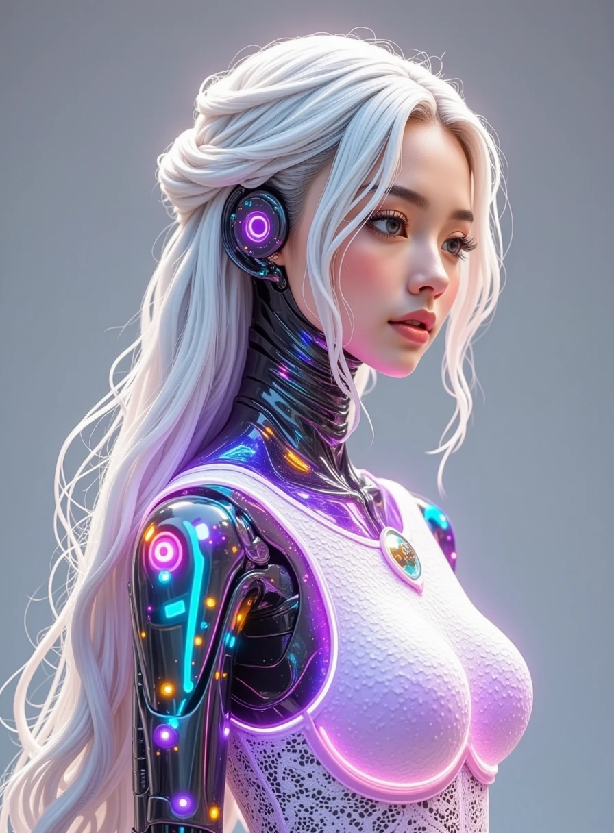  Real photography ，Hyperrealism， Beautiful girl with a man-machine integration ，Long white hair coiled， Below the head is the body of the machine ， The internal elements are visible under the transparent case of the body，Microreflective ， wearing a thin white lace dress ，Dynamic， cyberpunk，Science Fiction，Microphotography，C4D， Over-range perspective ，Light purple background ， grey background，Luminescence， Extreme Details ，Masterpiece，8k