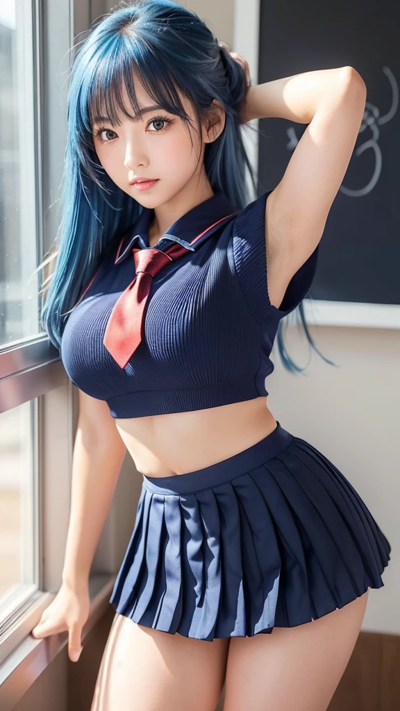 Hot girl, blue hair, blue eyes, black school clothes, sexy pose, mini skirt