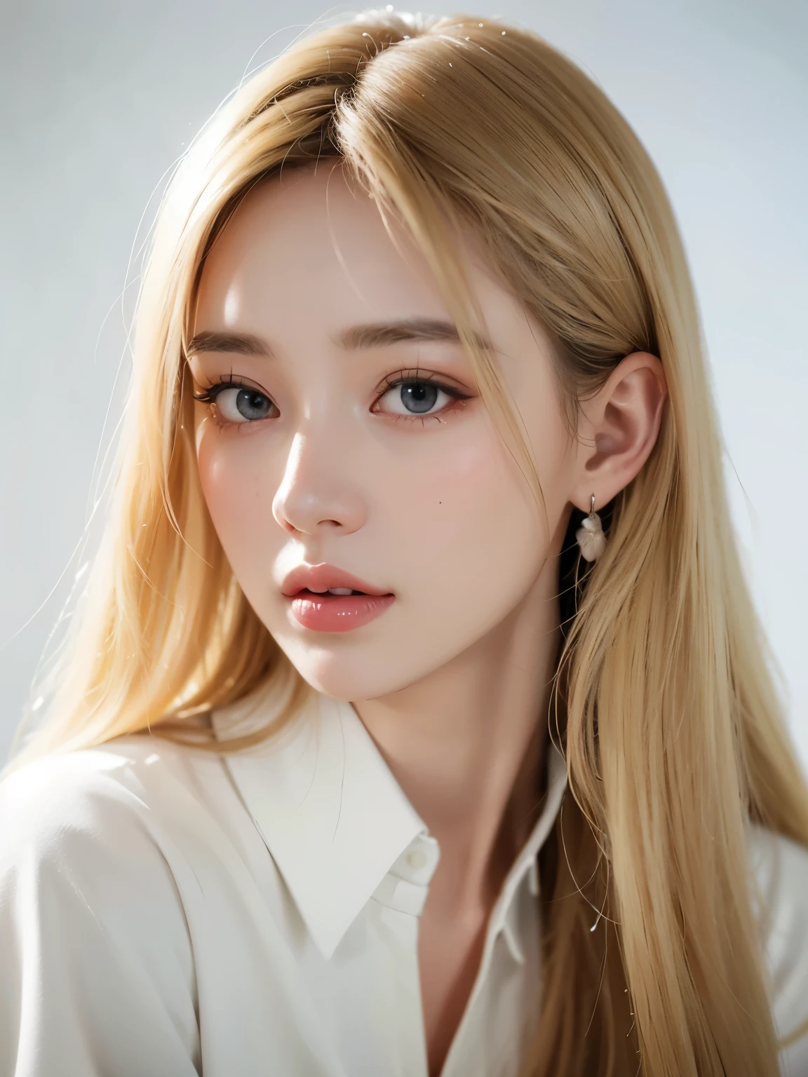 ((highest quality、8K、master piece:1.3))、1 woman、(long hair、:1.2)、cardigan:1.2、white simple background、indoor、super detailed face、detailed eyes、medium hair、（Blonde Hair:1.5）、Natural Photography、beautiful long black upper eyelashes、beautiful long black lower eyelashes、focus on the face、close up of face、face only、upper part of the body
