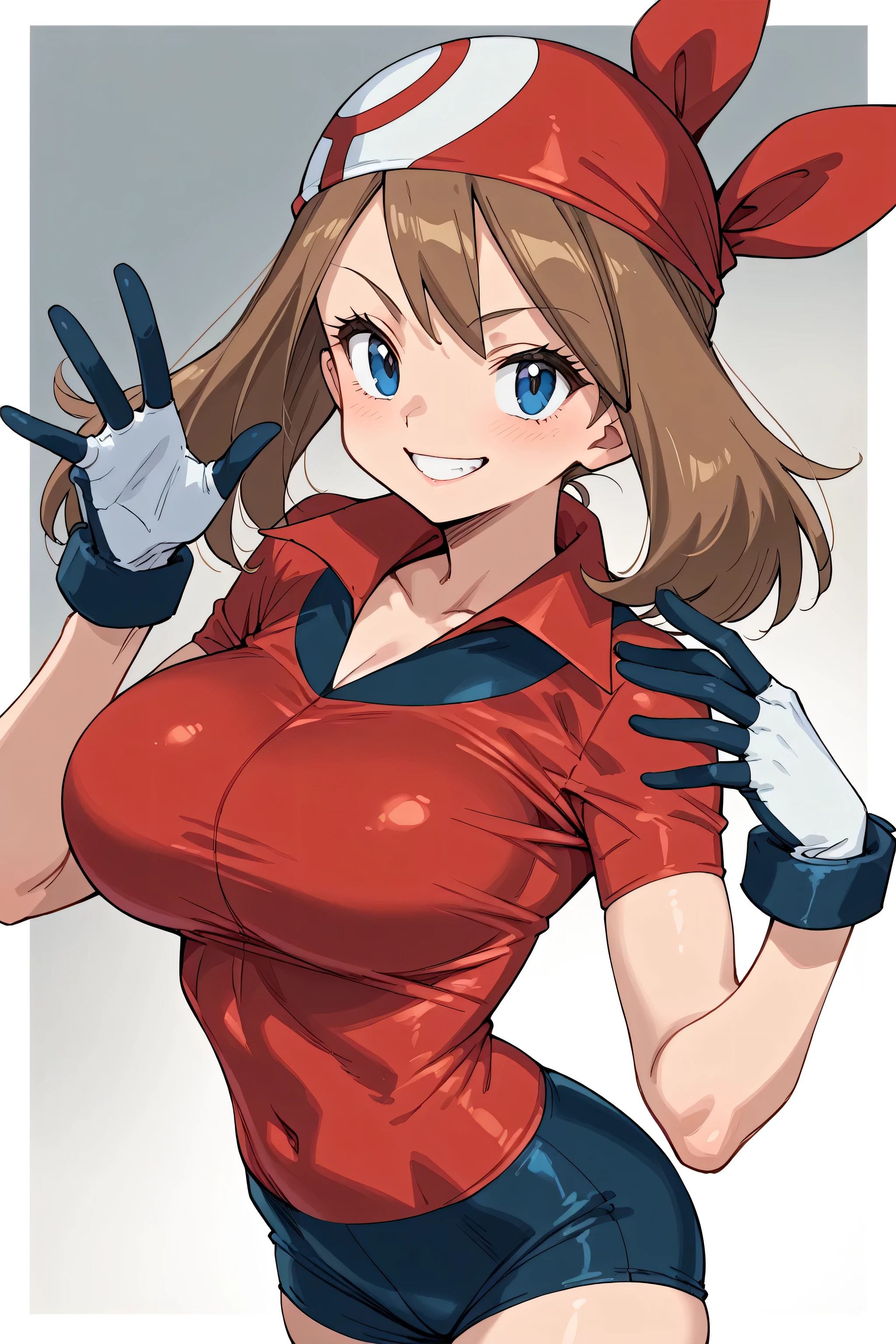 score_9, score_8_up, score_7_up, BREAK, anime style, MayPXL, blue eyes, brown hair, short hair, red bandana, red shirt, short sleeves, gloves, black shorts, torso, smug smile, gigantic bust, toned, strong, bimbo body, 