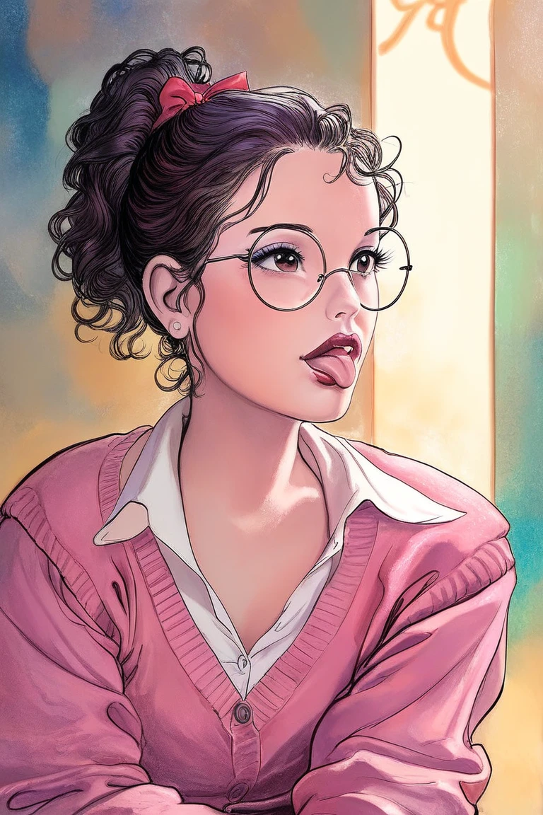 score_9, score_8_up, score_7_up, score_6_up, score_5_up, score_4_up. by Milo Manara, painterly, digital painting, highly detailed, 4k. BREAK 1girl, pretty girl, pink cardigan, wavy purple hair, ponytail, round glasses, red lipstick, glossy lips, long eyelashes, tongue out, brown eyes, fashionable, cute, super realistic details, tension wrinkles, physically accurate, high attention to detail. accurate, high attention to detail. ray tracing, reflections, accurate lighting, great colors BREAK bedroom background, detailed and realistic background, realistic light, realistic shadows,