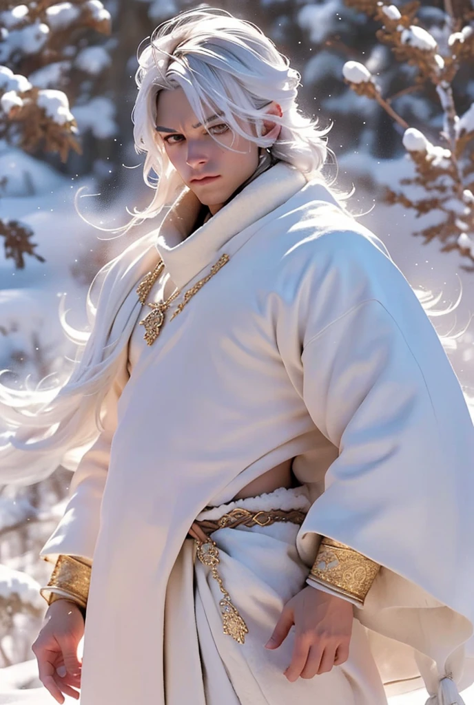 A striking rich prince (boy) in a high-fashion style, standing confidently in a cinematic snowy environment. He has sleek, flowing white hair and wears a luxurious outfit adorned with glimmering chains that reflect the icy light. The atmosphere is serene yet dramatic, with falling snowflakes and a misty white landscape in the background. His expression is intense, exuding elegance and power, framed by the soft light of the snow-covered surroundings. The scene captures a balance of stark minimalism and rich detail, emphasizing his commanding presence in the frozen environment.