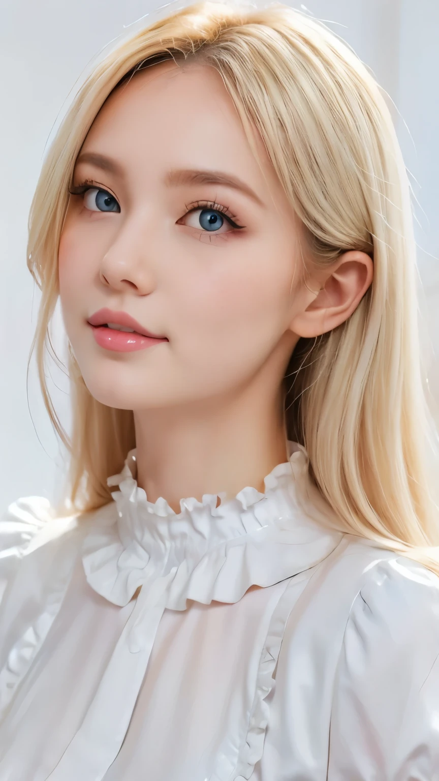 (((White Blonde、forehead、White background、Frilled blouse)))、Beautiful and fair、Glowing Skin, 3 Up, nice, bright, Refreshing and gentle look, Perfect beautiful face、White Blondeのロングヘア，Beautiful shiny bangs, Very beautiful girl, eyeliner, So perfect and beautiful、Lovely large, clear, sky-blue eyes，Very large breastuscular body，