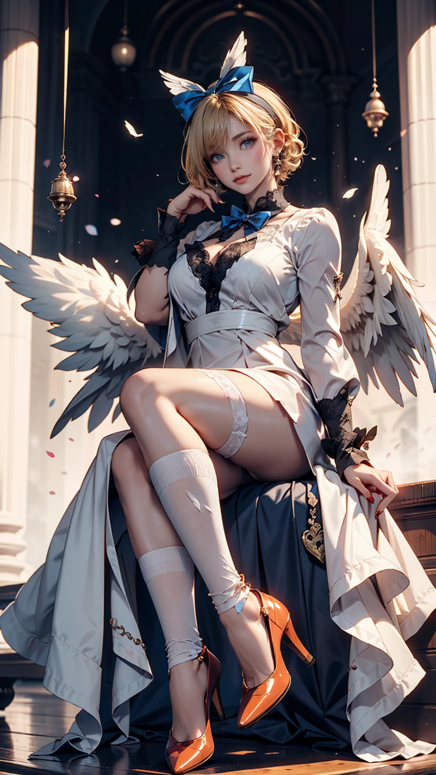 1 Girl,solo, age, white dress, pairs of bird wings on head, Gold necklace, Cloudy background, Colorful clouds, Full body, Floating in the sky, looking looking at viewer,
((巨作)), ((Best quality)), ((highly-detailing)), (Detailed face), (offcial art), blonde short hair, extremely detailed face, extremely detailed eyes, 8k, skinny girl
