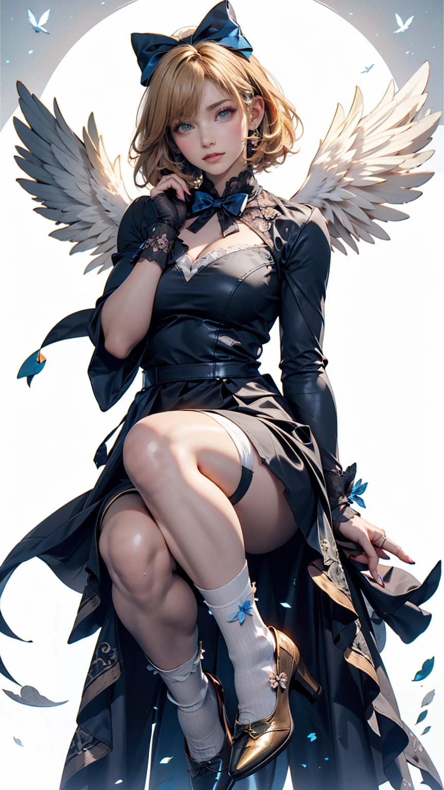 Uekura,  1 girl ,  blonde hair , White background,  have ,  dress, 青いshoes, Wings,  simple background, signature, flower,  nail polish,  wide sleeve ,  Long Sleeve , , animal, White Flower, Alone, whole body, bird,  viewers who show the full nudity,  high heels,  put your hand on your cheek ,  Place your hands on your face, frills, bow, bangs, ribbon, Bell, Blue Head Ornaments , +_+, socks,  Short Hair ,   Grey Eyes , shoes, Blue Nail, Feathered Wings , blue bow