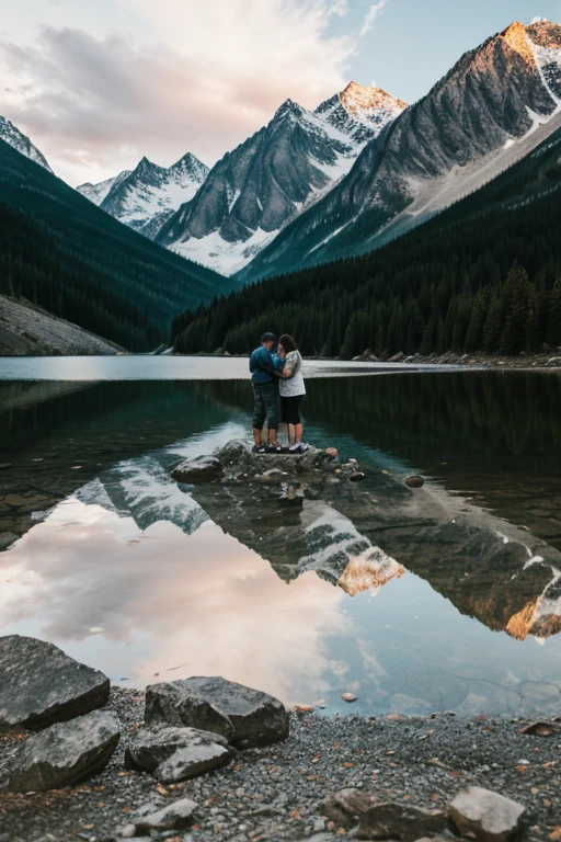 Create an image with a colorful background and a couple holding hands against the background of a mountain with a lake for a relationship post on Instagram