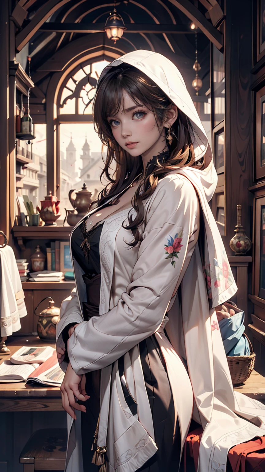 Mother of Jesus(Virgin Mary), Black hair and green eyes, light brown skin, Wearing a light blue robe, And a sky-blue veil, A calm expression that brings peace (whole body) Near the window, Illuminated by the moonlight (Magnificent and realistic)、Sexy proportions、Sexy