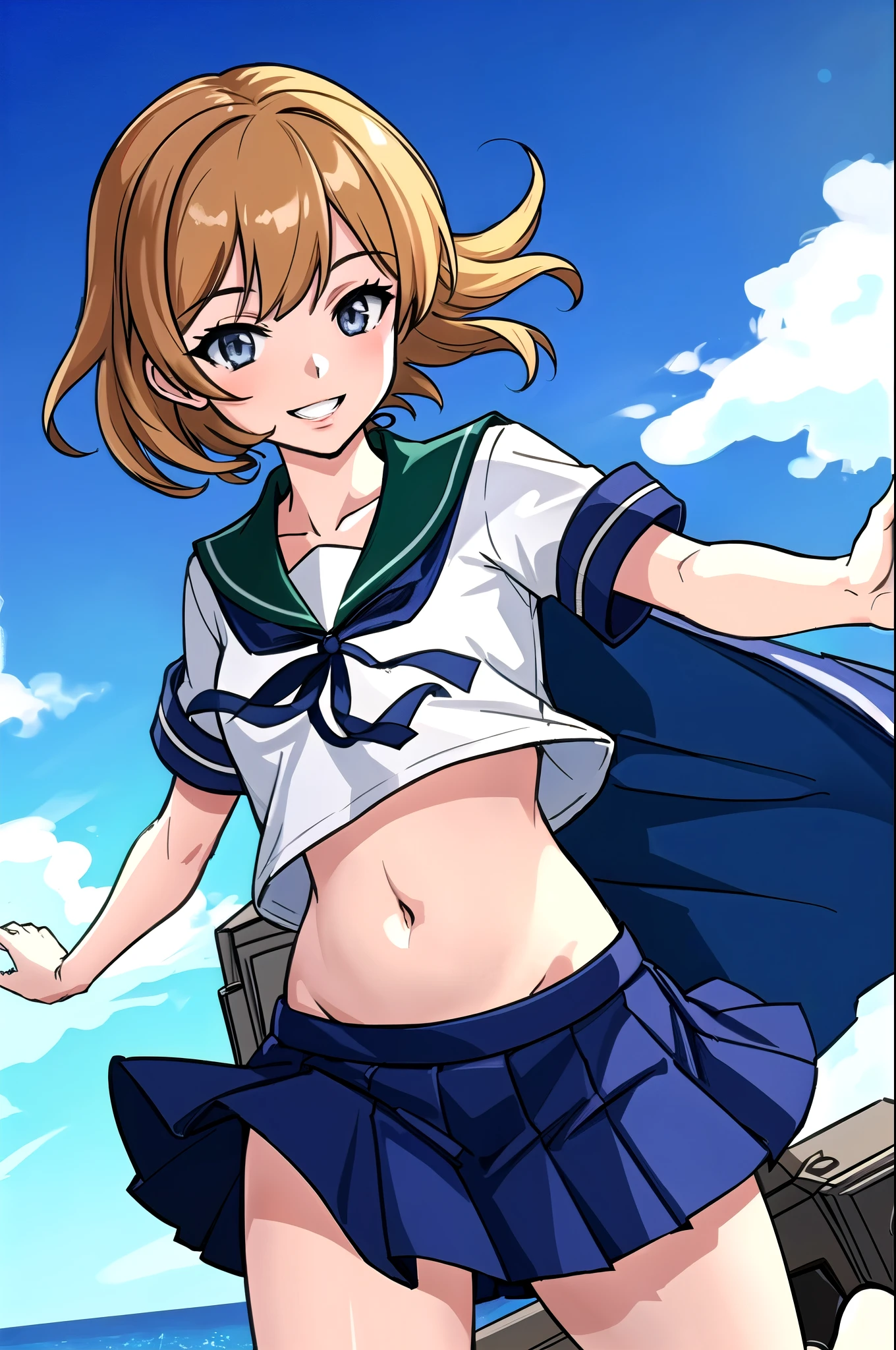 oboro \( Kantai Collection \),  one girl who is at ease, Alone,  skirt, , Seraphim, blue  skirt, pleated  skirt, White background,  sailor collar ,  simple background, belly button,  Show viewers, blue  sailor collar ,  cowboy shooting alone, smile, abdomen, Short sleeve,  shirt, abdomen peek, white  shirt, original,  intricate details, shape, masterpiece,  Highly Detailed CG Unity 8k Wallpaper , Highlights, polish, dynamic,  