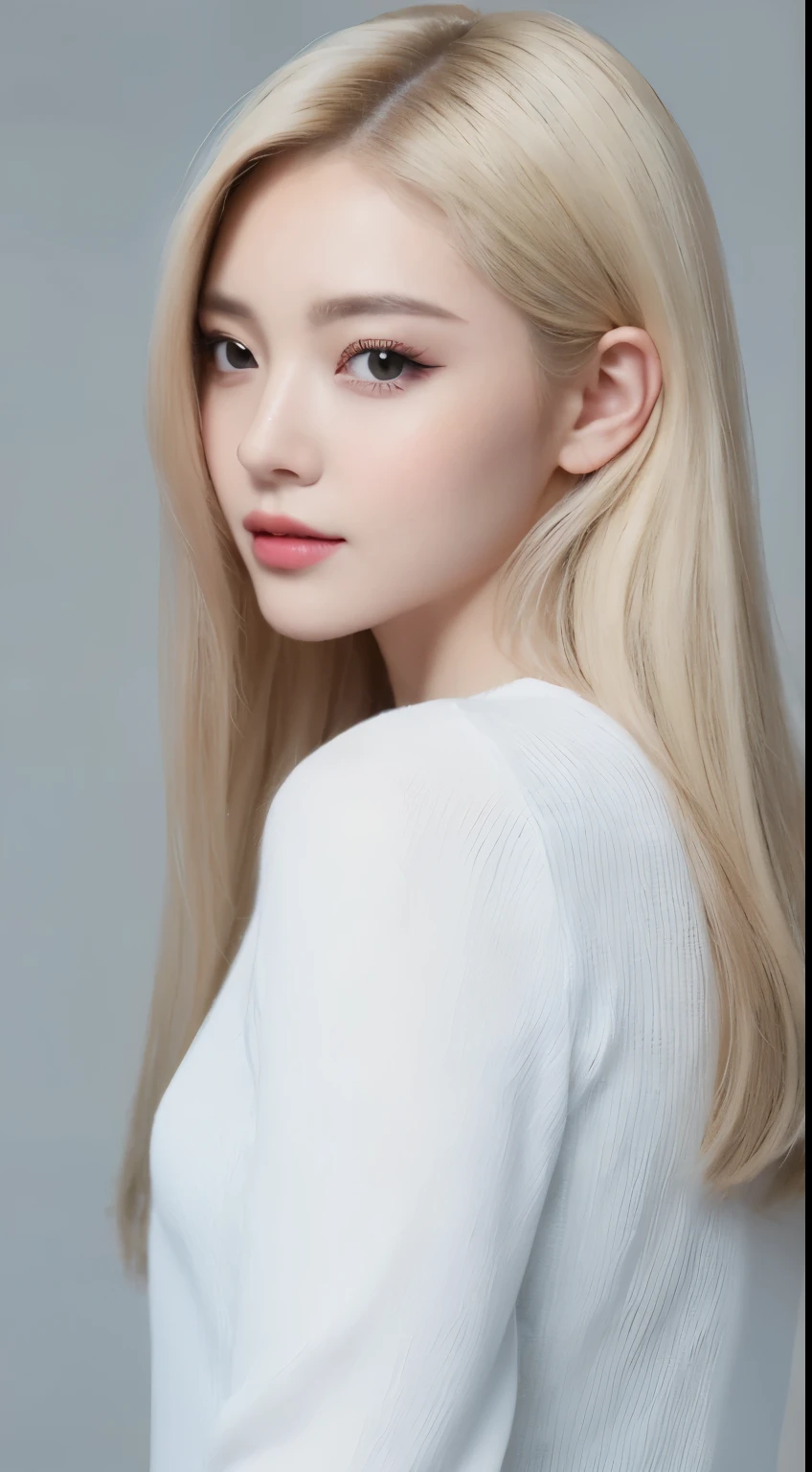 ((Realistic lighting、top-quality、8k、​masterpiece:1.3))、Clear focus:1.2、1girl in、flawless beauty:1.4、slim((blonde  hair))、Neat and clean clothing、One-piece clothes、Supene Face、Narrow-eyed、 double eyelids、lighting like a movie、photos realistic、28 year old、Straight hair、Face like a K-pop idol、white backgrounid、Gray background、Mature Woman、Classy makeup、Light hair color Blonde、Angle of pull、