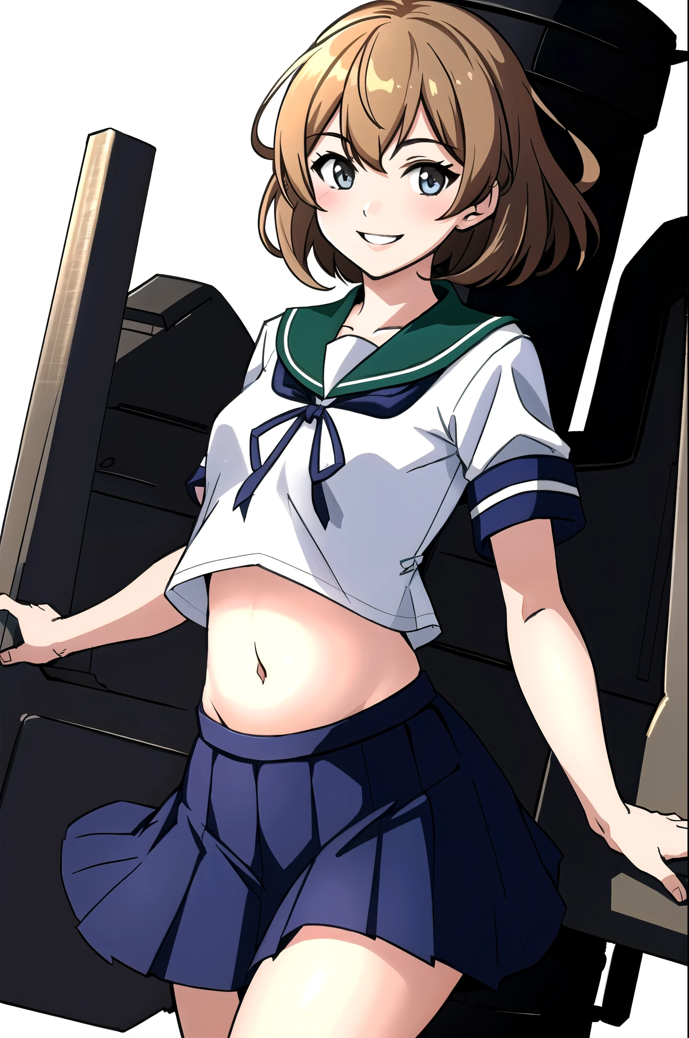 oboro \( Kantai Collection \),  one girl who is at ease, Alone,  skirt, , Seraphim, blue  skirt, pleated  skirt, White background,  sailor collar ,  simple background, belly button,  Show viewers, blue  sailor collar ,  cowboy shooting alone, smile, abdomen, Short sleeve,  shirt, abdomen peek, white  shirt, original,  intricate details, shape, masterpiece,  Highly Detailed CG Unity 8k Wallpaper , Highlights, polish, dynamic,  