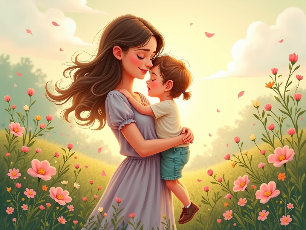 In the flowers，Mother and child face to face，Small in front of the camera，Disney style，Warmth