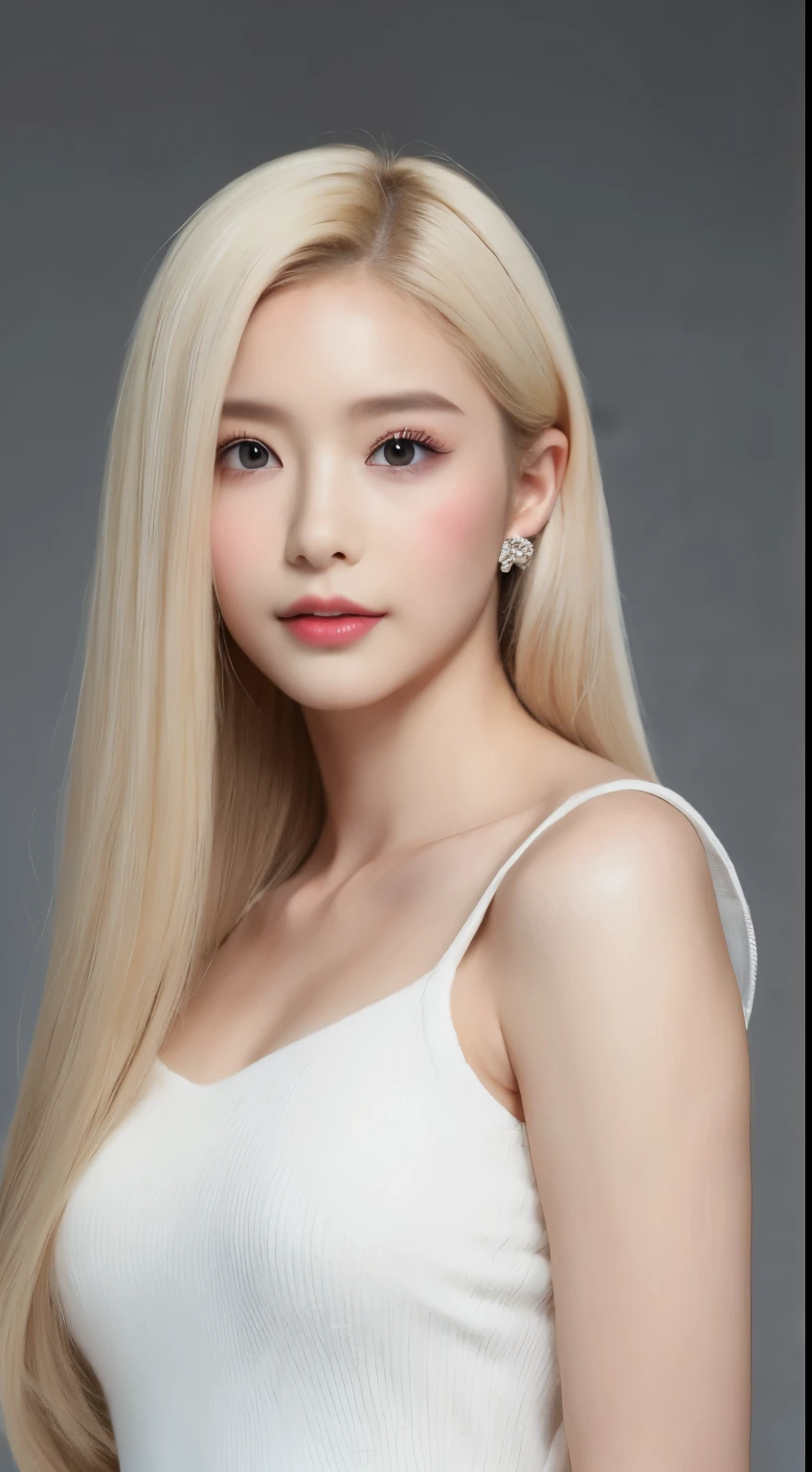 ((Realistic lighting、top-quality、8k、​masterpiece:1.3))、Clear focus:1.2、1girl in、flawless beauty:1.4、slim((blonde  hair))、Neat and clean clothing、One-piece clothes、Supene Face、Narrow-eyed、 double eyelids、lighting like a movie、photos realistic、28 year old、Straight hair、Face like a K-pop idol、white backgrounid、Gray background、Mature Woman、Classy makeup、Light hair color Blonde、Angle of pull、