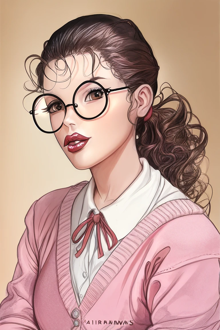 score_9, score_8_up, score_7_up, score_6_up, score_5_up, score_4_up. by zumidraws, painterly, digital painting, highly detailed, 4k. BREAK 1girl, pretty girl, pink cardigan, wavy purple hair, ponytail, round glasses, red lipstick, glossy lips, long eyelashes, brown eyes, fashionable, cute, super realistic details, tension wrinkles, physically accurate, high attention to detail. accurate, high attention to detail. ray tracing, reflections, accurate lighting, great colors BREAK bedroom background, detailed and realistic background, realistic light, realistic shadows,