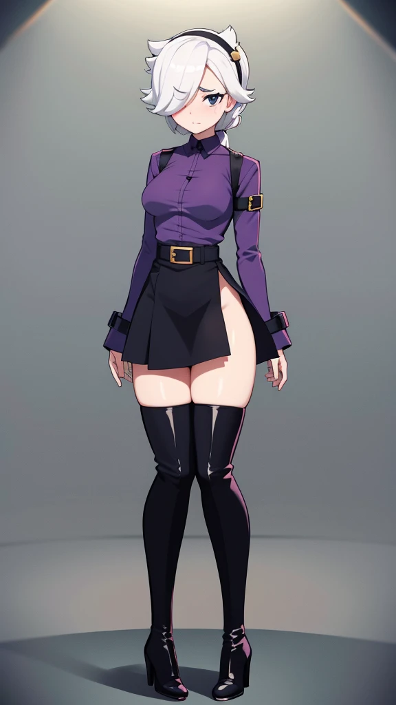 score_9, score_8_up, score_7_up, score_6_up, score_5_up, score_4_up, source_anime , colettetrixie, light skin, blush, black eyes, hair over one eye, hairband, worth, full body, purple shirt, black long skirt, thigh high boots, black boots, heels, tall heels, bonding thigh boots, high heels, black boots, leather boots, 