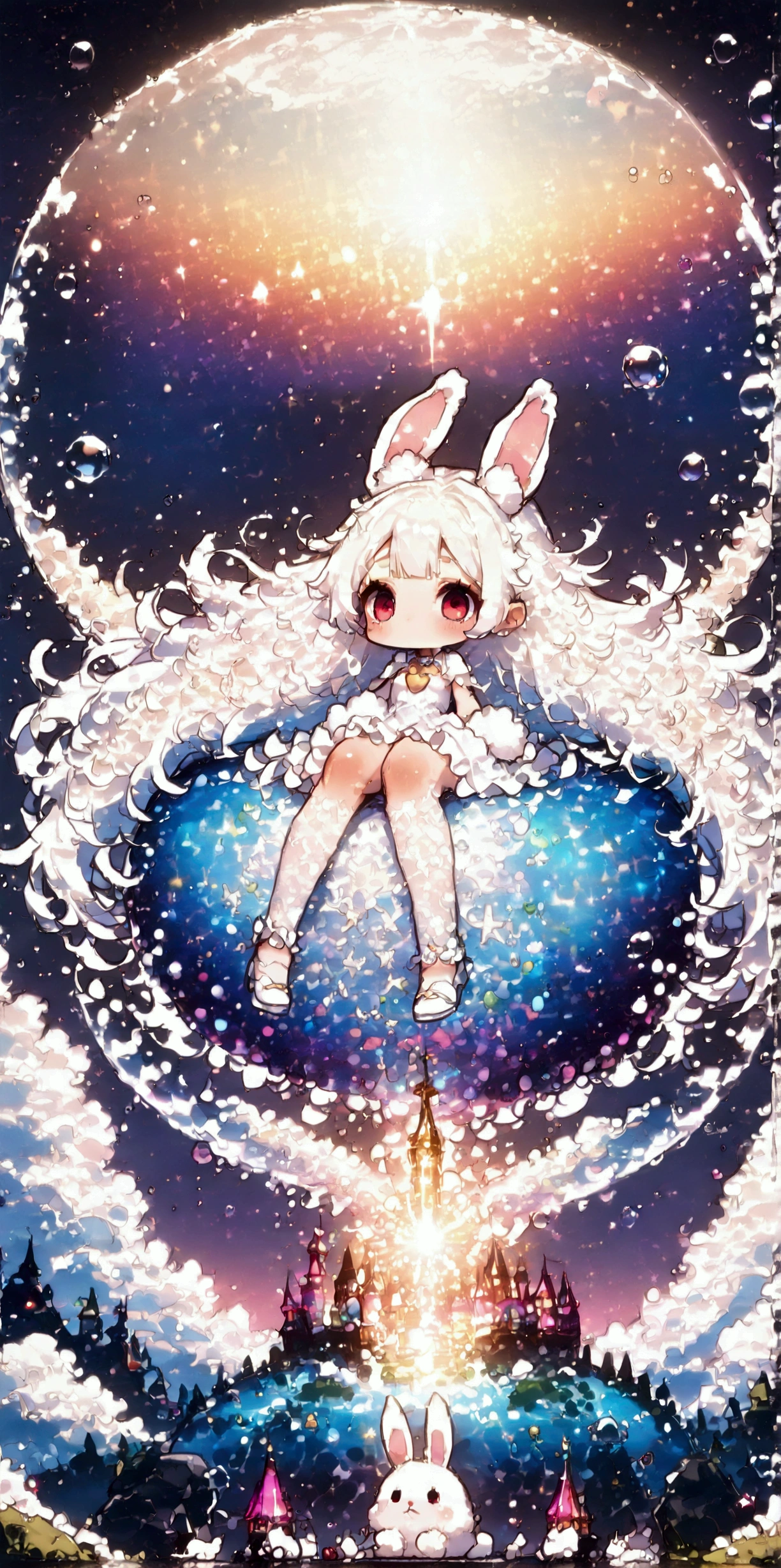 
solo,1girl\((chibi:1.3),cute,kawaii,(white hair:1.7),(very long hair:1.7),bangs,(ear\(fluffy white bunny-ear\):1.4),(red eye),big eye,beautiful shiny eye,skin color white,big hairbow,(white frilled dress:1.3),breast,white rabbit tail at hip, (sit on (bubble:1.3)\(huge,gigantic,beautiful,shining in vivid cosmic color,(transparent:1.3),(float in sky:1.4)\):1.5) \). BREAK .background\(night sky,stars, calescent-moon\). BREAK .quality\(8k,wallpaper of extremely detailed CG unit, high resolution, top-quality, top-quality real texture skin, hyper realistic, increase the resolution, RAW photos, best quality, highly detailed, the wallpaper, golden ratio, high saturation realism, vibrant colors, dramatic lighting, persuasive storytelling, atmospheric scenery, captivating visuals, intricate details, strong emotions, dreamlike world\),(from below),(longshot:1.3),(dynamic angle:1.2),landscape