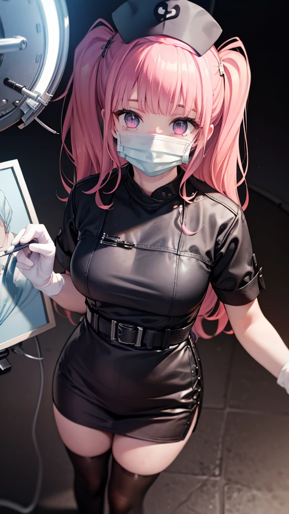 (masterpiece,ultra-detailed,best quality,8K,CG,realistic,illustration:1.2),(black nurse, 1girl, solo, black nurse cap, black nurse uniform, ((black legwear, zettai ryouiki)), black elbow gloves, twintails, yellow hair, purple eyes, ((black surgical mask, covered nose)), standing, ((surgery room)), sharp outline, short sleeves, best quality, masterpiece