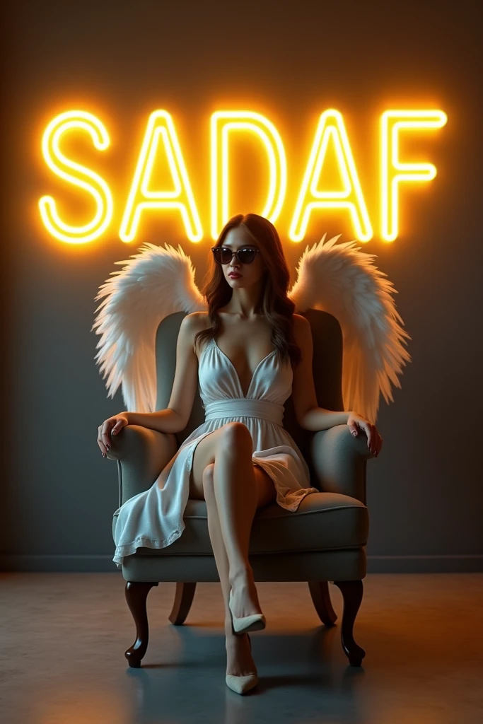 Create a 3D illusion for a profile picture where a 25 Year old girl in a white hoodie Sitting casually on a White Dragon Chair and Right Side White Lion sitting. Wearing sneakers,a white, She looks ahead. The background features “NEHA” in big and capital white neon light fonts on the black wall. There should not be his shadow, and there are wings to make it appear as if he is an angel.”
