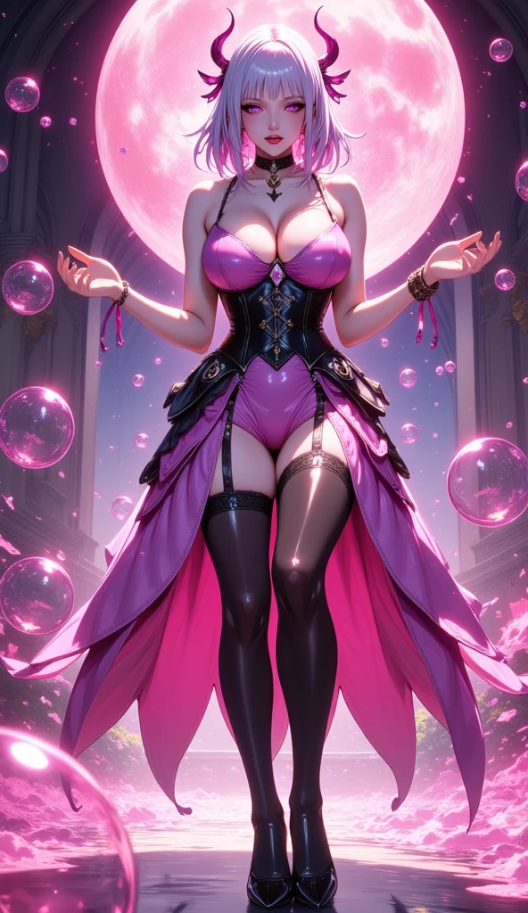 Young beautiful woman,(Highest quality,Extremely detailed depiction,Incredibly absurd high resolution,Anatomically accurate depiction,Two lovely hands, Five perfect fingers,Curvy Legs),(Glowing Skin,Shiny skin,Oilskin),(((Succubus disguised as a princess))),(A shiny white princess dress with intricate construction,Luxurious accessories,necklace,Earrings,bracelet,A luxurious tiara,black tights),eyelash,(Glowing pink eyes,There is cleavage in the chest,A seductive smile,Large Breasts,Glossy Lips,Inviting gesture,Shadowed face),Sweat,whole body,background：Ball venue