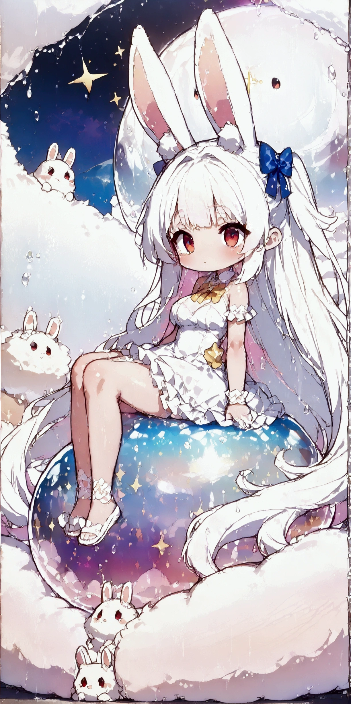 solo,1girl\((chibi:1.3),cute,kawaii,(white hair:1.7),(very long hair:1.7),bangs,(ear\(fluffy white bunny-ear\):1.4),(red eye),big eye,beautiful shiny eye,skin color white,big hairbow,(white frilled dress:1.3),breast,white rabbit tail at hip, (sit on (bubble:1.3)\(huge,gigantic,beautiful,shining in vivid cosmic color,(transparent:1.3),(float in sky:1.4)\):1.5) \). BREAK .quality\(8k,wallpaper of extremely detailed CG unit, high resolution, top-quality, top-quality real texture skin, hyper realistic, increase the resolution, RAW photos, best quality, highly detailed, the wallpaper, golden ratio, high saturation realism, vibrant colors, dramatic lighting, persuasive storytelling, atmospheric scenery, captivating visuals, intricate details, strong emotions, dreamlike world\)