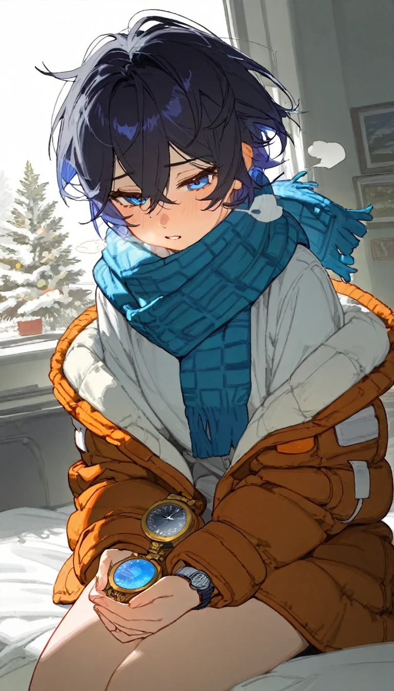 One boy, alone, ,young man, short black hair, cobalt blue eyes, slender but strong build, orange thick winter coat (partially removed), turquoise scarf (loosely hanging), smart watch, visible breath, sitting on bed, arctic research base interior, flushed cheeks, relaxed expression, slightly messy hair, soft ambient lighting, warm room, gentle shadows, harsh winter environment outside, soft focus, diffused edges, ethereal glow, dreamy atmosphere, subtle color transitions, semi-transparent outlines