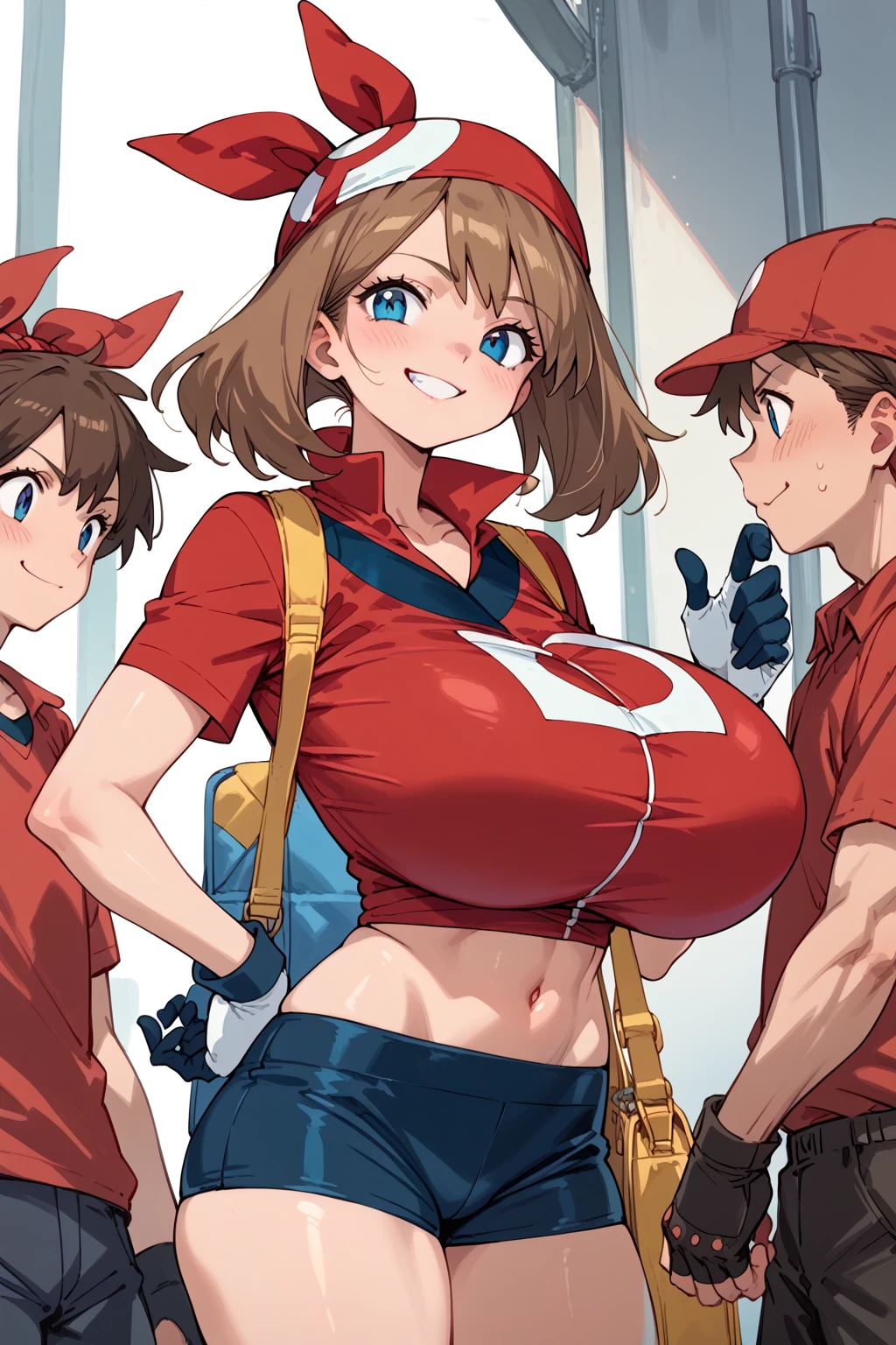 score_9, score_8_up, score_7_up, BREAK, anime style, MayPXL, blue eyes, brown hair, short hair, red bandana, red shirt, short sleeves, gloves, black shorts, torso, smug smile, gigantic bust, toned, strong, bimbo body, 