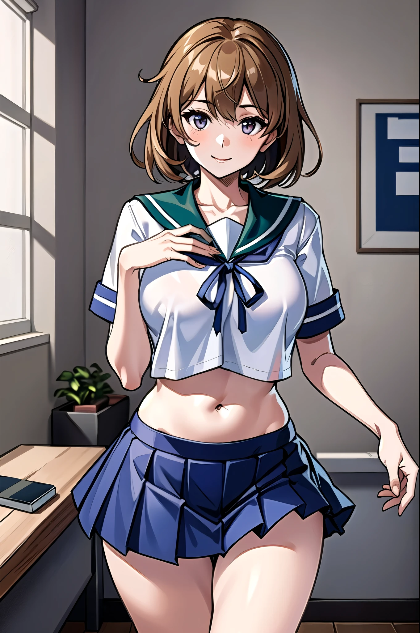 oboro \( Kantai Collection \),  one girl who is at ease, Alone,  skirt, , Seraphim, blue  skirt, pleated  skirt, White background,  sailor collar ,  simple background, belly button,  Show viewers, blue  sailor collar ,  cowboy shooting alone, smile, abdomen, Short sleeve,  shirt, abdomen peek, white  shirt, original,  intricate details, shape, masterpiece,  Highly Detailed CG Unity 8k Wallpaper , Highlights, polish, dynamic,   ((indoor,  office,  living room )), ((  cowboy shooting alone )), ( panties), (Bra), (  innerwear ), ( fancy underwear), ( lingerie),  skirtめくり