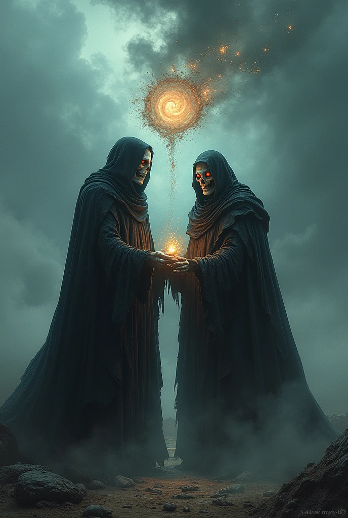 Yin and yang,Dark background。The Grim Reaper contrasts with the characters。