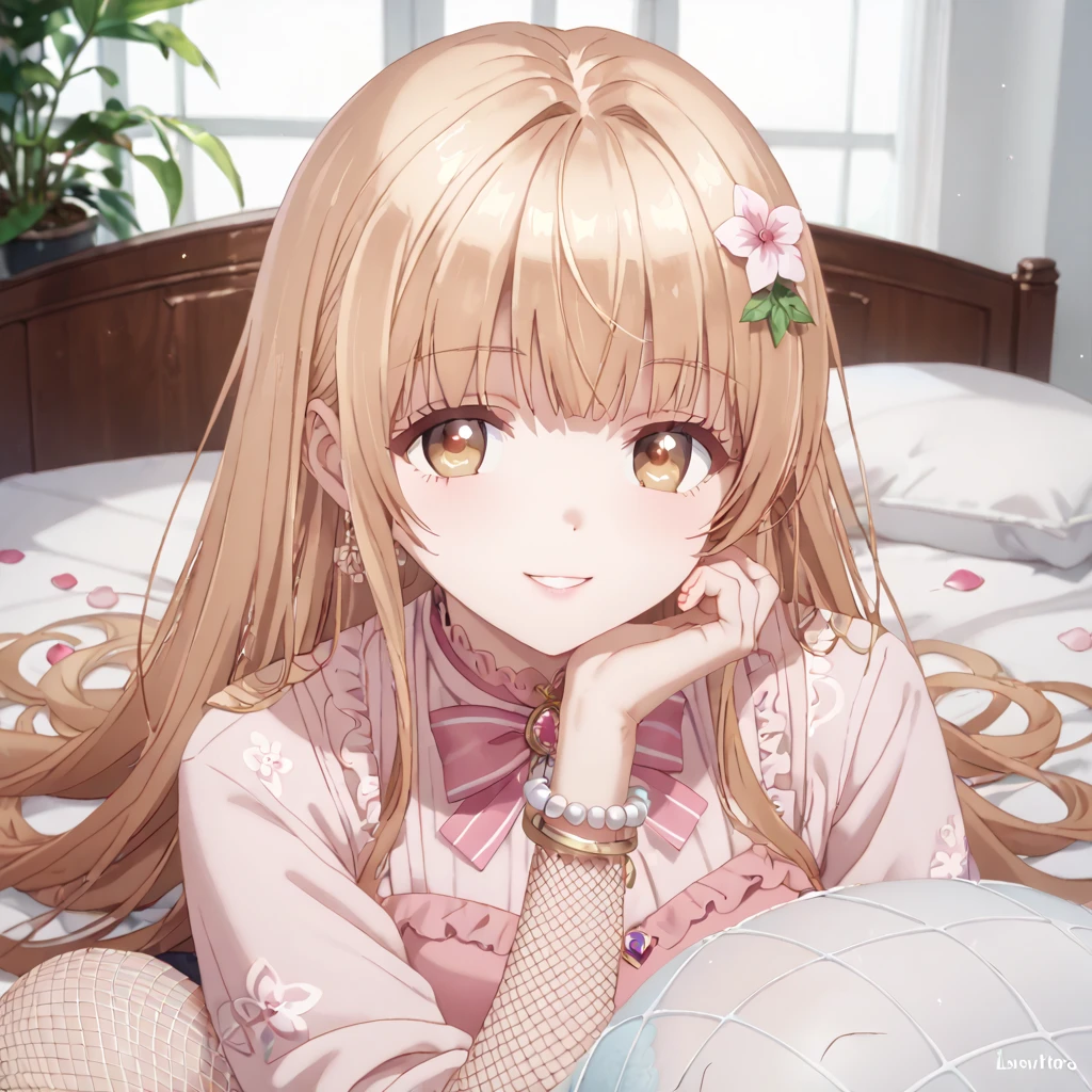 Character Mahiru Shiina ,  , a beautiful and charming girl ,  sweet smile ,  lavish luxury homes all over pink,  character with long golden hair and light brown eyes,large luxury rooms all over pink ,  wears hello kitty pajama suit Pink color , 1girl,  mosquito net for the closure of his bed pink ,