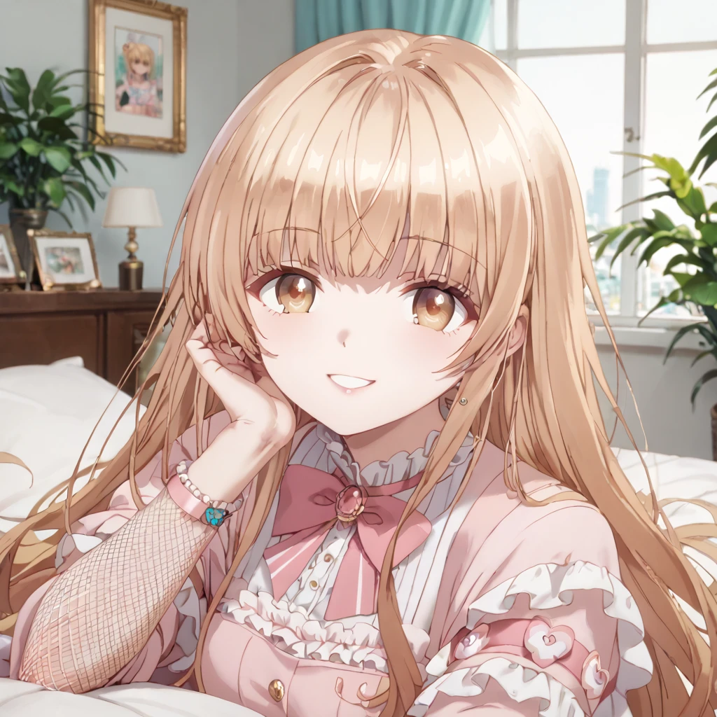 Character Mahiru Shiina ,  , a beautiful and charming girl ,  sweet smile ,  lavish luxury homes all over pink,  character with long golden hair and light brown eyes,large luxury rooms all over pink ,  wears hello kitty pajama suit Pink color , 1girl,  mosquito net for the closure of his bed pink ,