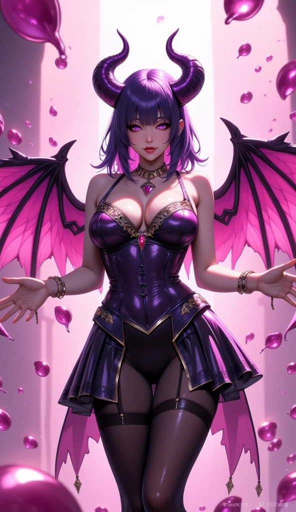 Anime character with horns and a heavy cybe parapet in the colors white dark pink standing in front of a full moon, moon clothes, fantasy outfit, in-game render, astral witch clothes, highly detailed full body, anime very detailed, clear outfit design, hair color white dark pink, 8k octae render photo, beautiful celestial demonin with large black cyborg wings on both sides