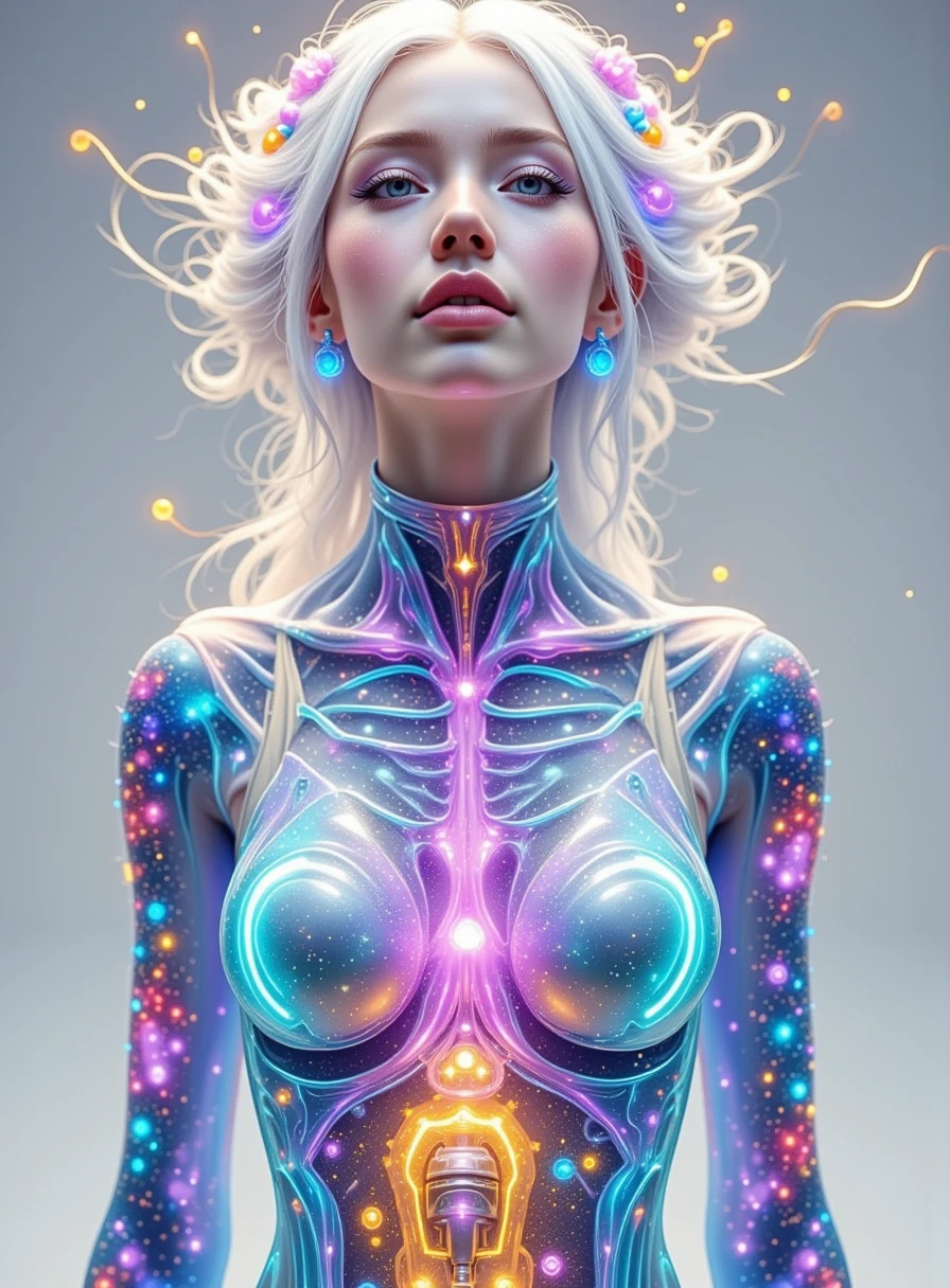  Real photography ，Hyperrealism， Beautiful girl with a man-machine integration ，Long white hair coiled， Below the head is the body of the machine ， The internal elements are visible under the transparent case of the body，Microreflective ， wearing a thin white lace dress ，Dynamic， cyberpunk，Science Fiction，Microphotography，C4D， Over-range perspective ，Light purple background ， grey background，Luminescence， Extreme Details ，Masterpiece，8k