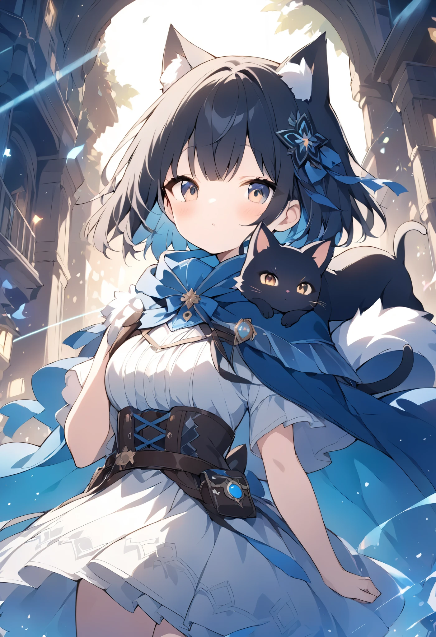 A silver hair,dark blue eyes,A boy in azure clothes,Holding a silver bell in hand,Staring at the somewhat unreal black cat with a look of nostalgia