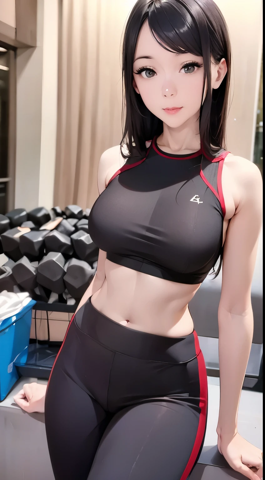  Beautiful Fitness Female Model，  Black Open Waist Top、Yoga Pants 、 Gym Instructor， Detailed face， Sex Seduction ， Yoga Exercise ， Side Smile， （ Alina 、4K、8k、 high resolution、masterpiece：1.2）， （Realism、照片Realism、照片Realism：1.37）， HDR、 Ultra HD、studio lighting、super fine painting、sharp、Physical Rendering、 Extreme Detail Description 、major、Bright colors、Bokeh、Portrait