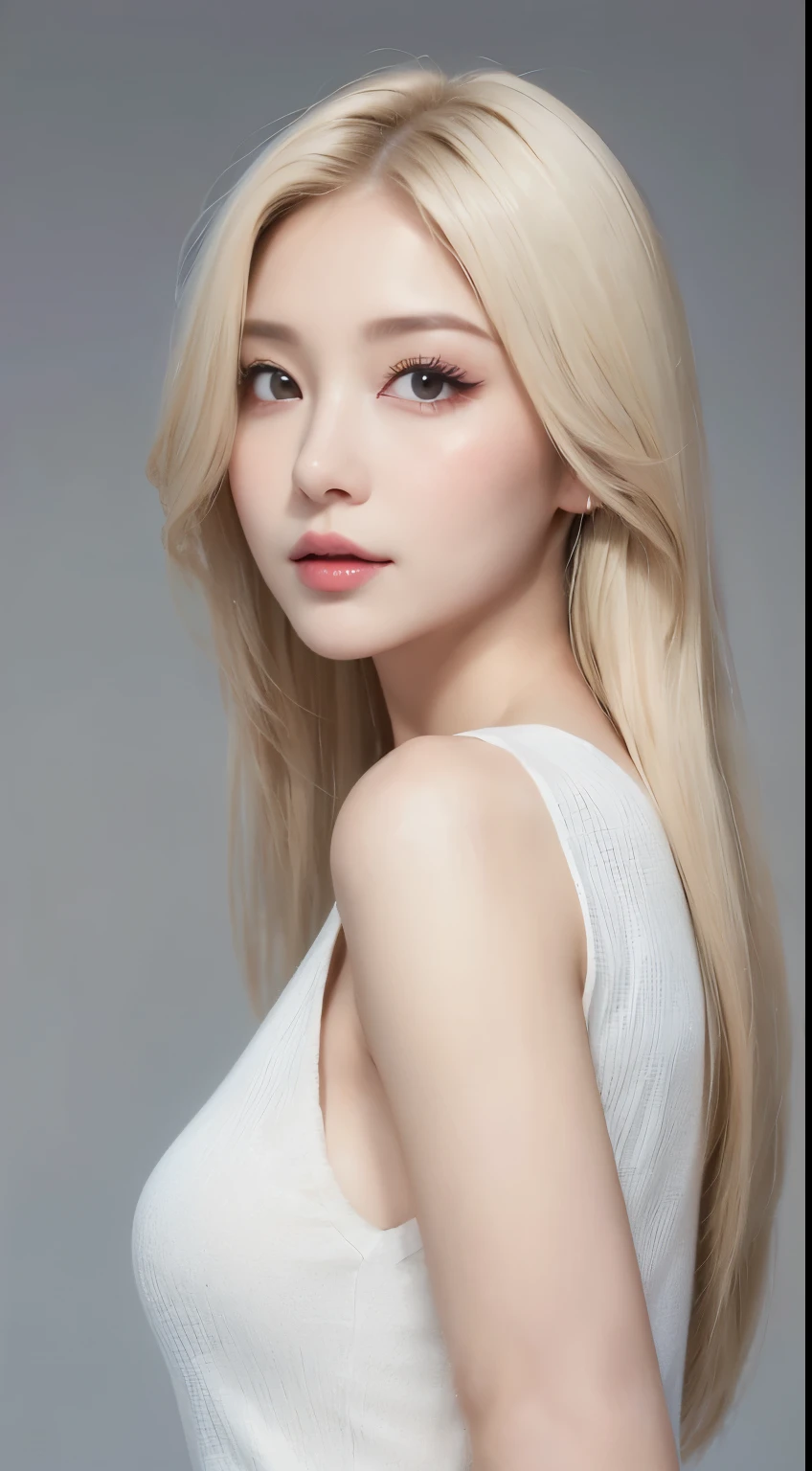 ((Realistic lighting、top-quality、8k、​masterpiece:1.3))、Clear focus:1.2、1girl in、flawless beauty:1.4、slim((blonde  hair))、Neat and clean clothing、One-piece clothes、Supene Face、Narrow-eyed、 double eyelids、lighting like a movie、photos realistic、28 year old、Straight hair、Face like a K-pop idol、white backgrounid、Gray background、Mature Woman、Classy makeup、Light hair color Blonde、Angle of pull、