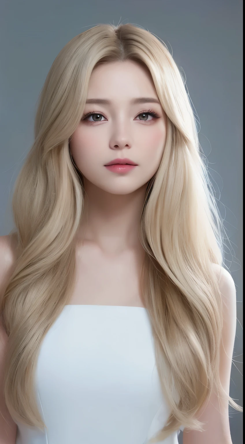 ((Realistic lighting、top-quality、8k、​masterpiece:1.3))、Clear focus:1.2、1girl in、flawless beauty:1.4、、Neat and clean clothing、One-piece clothes、Supene Face、Narrow-eyed、 double eyelids、lighting like a movie、photos realistic、28 year old、Face like a K-pop idol、white backgrounid、Gray background、Mature Woman、Classy makeup、Angle of pull、length hair、Longhaire、Long hair、blonde  hair、Light hair color、Straight hair