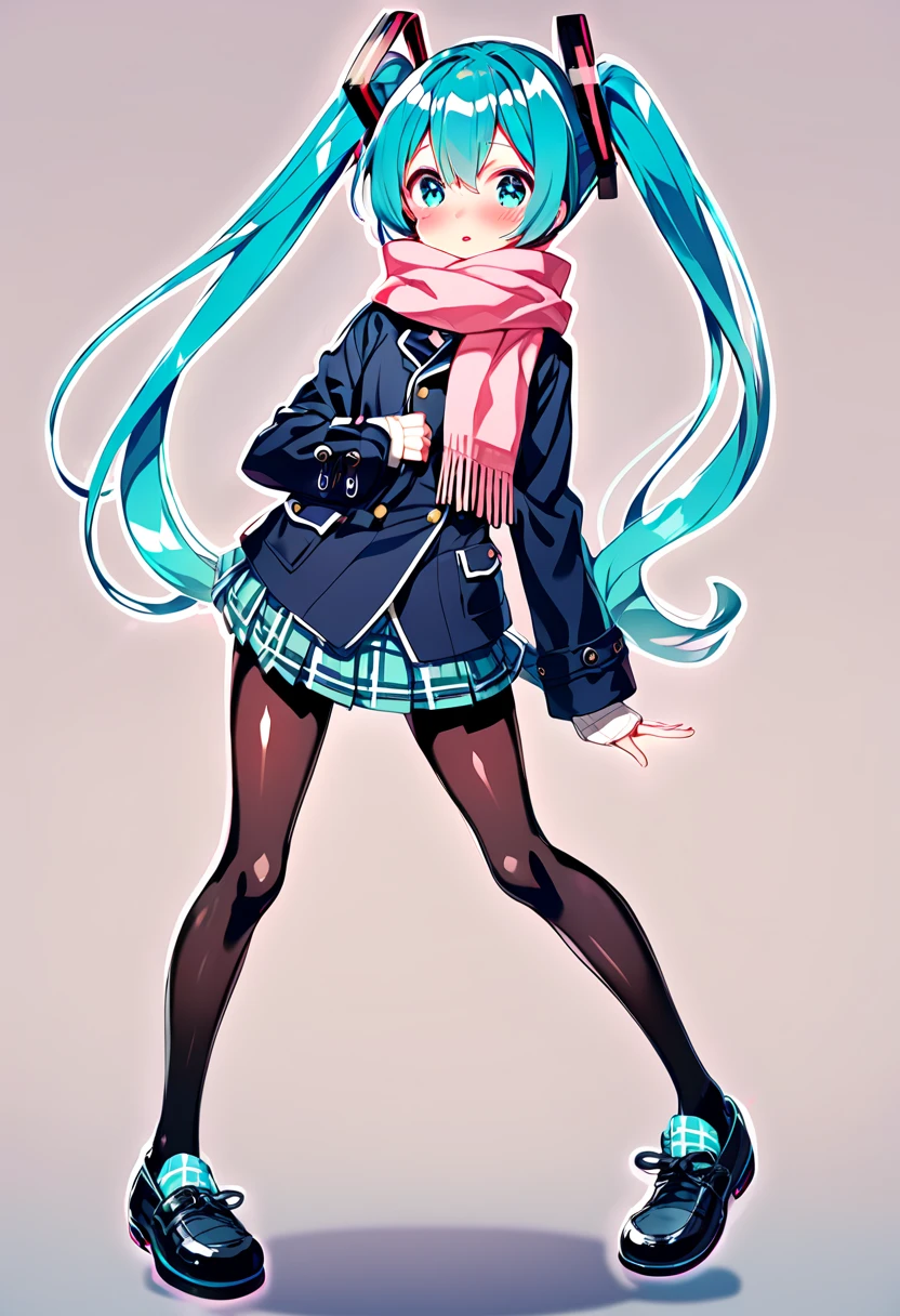 (hatsune miku:1.2), (blush:1.4), (gleaming skin, shiny skin:1.4), school uniform, pink scarf, collarless (navy) duffel-coat, double breasted, folded long sleeves, pink plaid pattern pleated skirt-hem, mini skirt, dark pantyhose, shoes,
