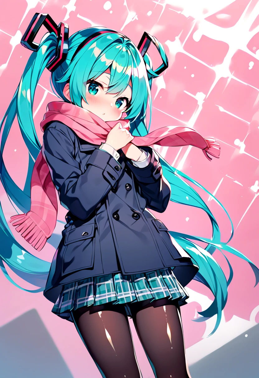 (hatsune miku:1.2), (blush:1.4), (gleaming skin, shiny skin:1.4), school uniform, pink scarf, collarless (navy) duffel-coat, double breasted, folded long sleeves, pink plaid pattern pleated skirt-hem, mini skirt, dark pantyhose, shoes,
