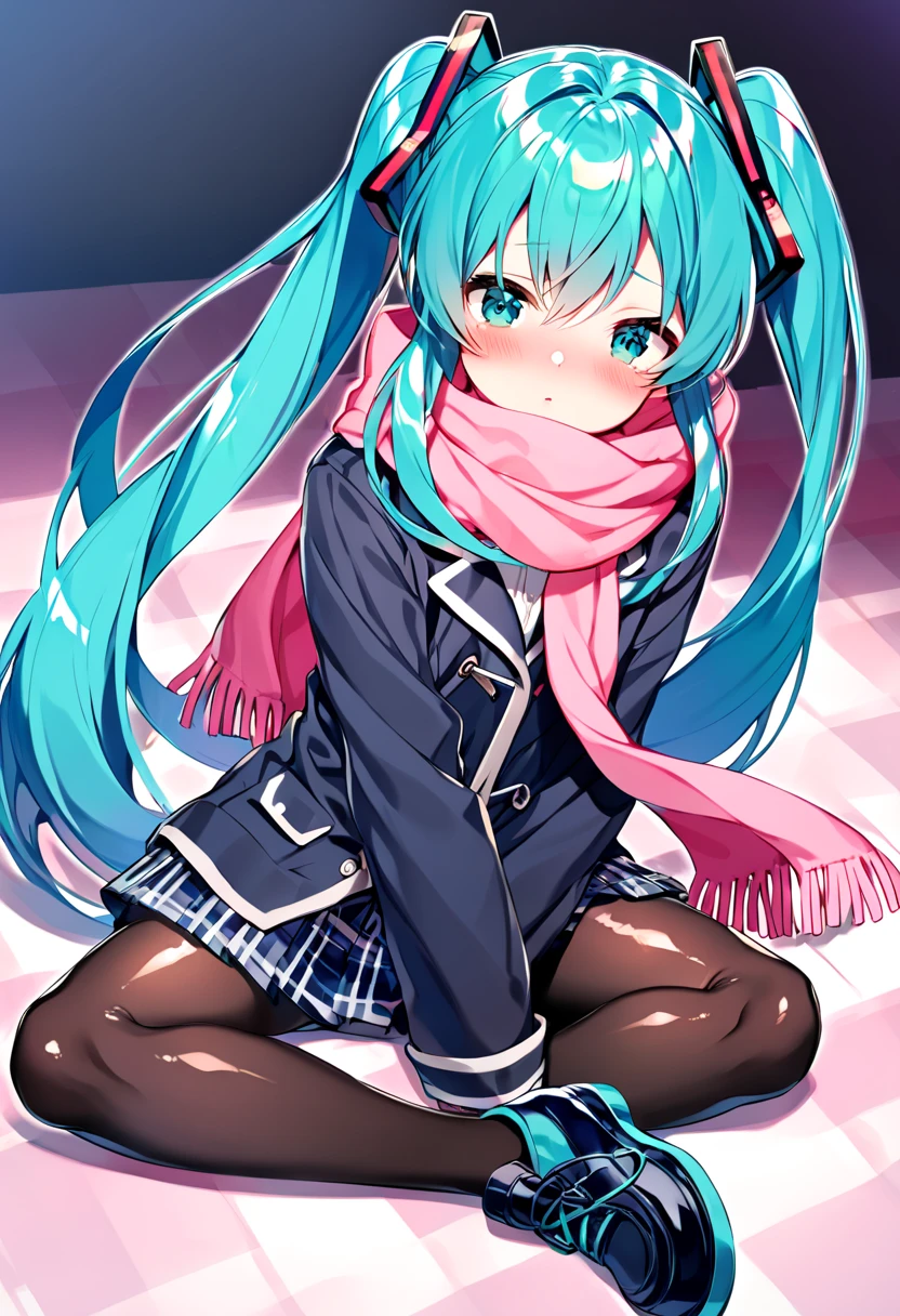 (hatsune miku:1.2), (blush:1.4), (gleaming skin, shiny skin:1.4), school uniform, pink scarf, collarless (navy) duffel-coat, double breasted, folded long sleeves, pink plaid pattern pleated skirt-hem, mini skirt, dark pantyhose, shoes,
