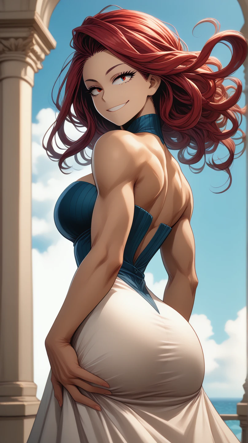 bnha,1woman,mature female,looking back at viewer,detailed face,UHD,extremely beautiful and good looking,solo focus,solo female,voewed from behond,red hair,hair intakes,forehead,backless dress,strapless dress,satin dress,solo focus,dark skinned,,single focus,muscular back,alone,blb,detailed eyes,ass support,hands on ass,smile
