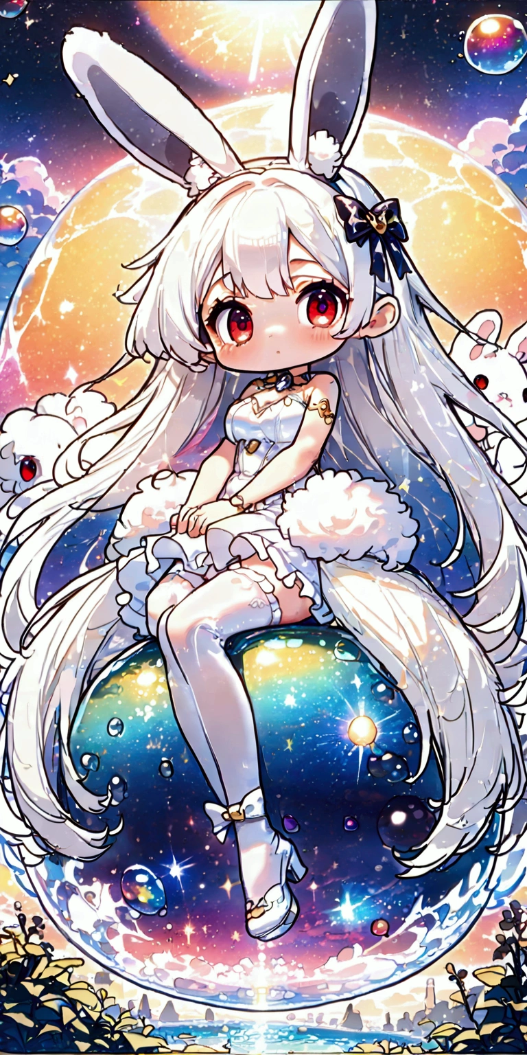 
solo,1girl\((chibi:1.3),cute,kawaii,(white hair:1.7),(very long hair:1.7),bangs,(ear\(fluffy white bunny-ear\):1.4),(red eye),big eye,beautiful shiny eye,skin color white,big hairbow,(white frilled dress:1.3),breast,white rabbit tail at hip, (sit on (bubble:1.3)\(huge,gigantic,beautiful,shining in vivid cosmic color,(transparent:1.3),(float in sky:1.4)\):1.5) \). BREAK .background\(night sky,stars, calescent-moon\). BREAK .quality\(8k,wallpaper of extremely detailed CG unit, high resolution, top-quality, top-quality real texture skin, hyper realistic, increase the resolution, RAW photos, best quality, highly detailed, the wallpaper, golden ratio, high saturation realism, vibrant colors, dramatic lighting, persuasive storytelling, atmospheric scenery, captivating visuals, intricate details, strong emotions, dreamlike world\),(from below),(longshot:1.3),(dynamic angle:1.2),landscape